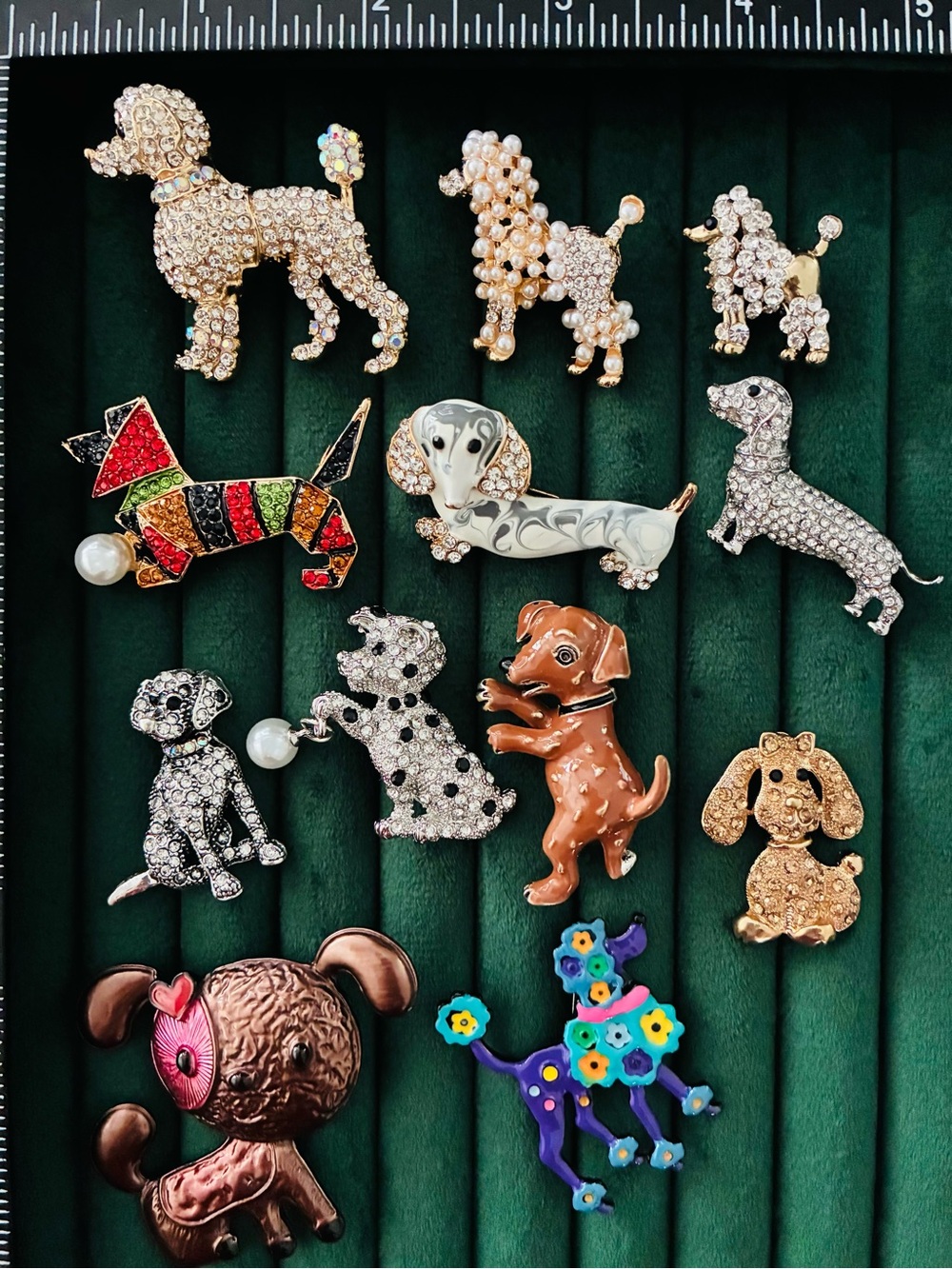 12pc Dog Brooch Lot Rhinestone Poodle Dalmatian Dachshund Pin